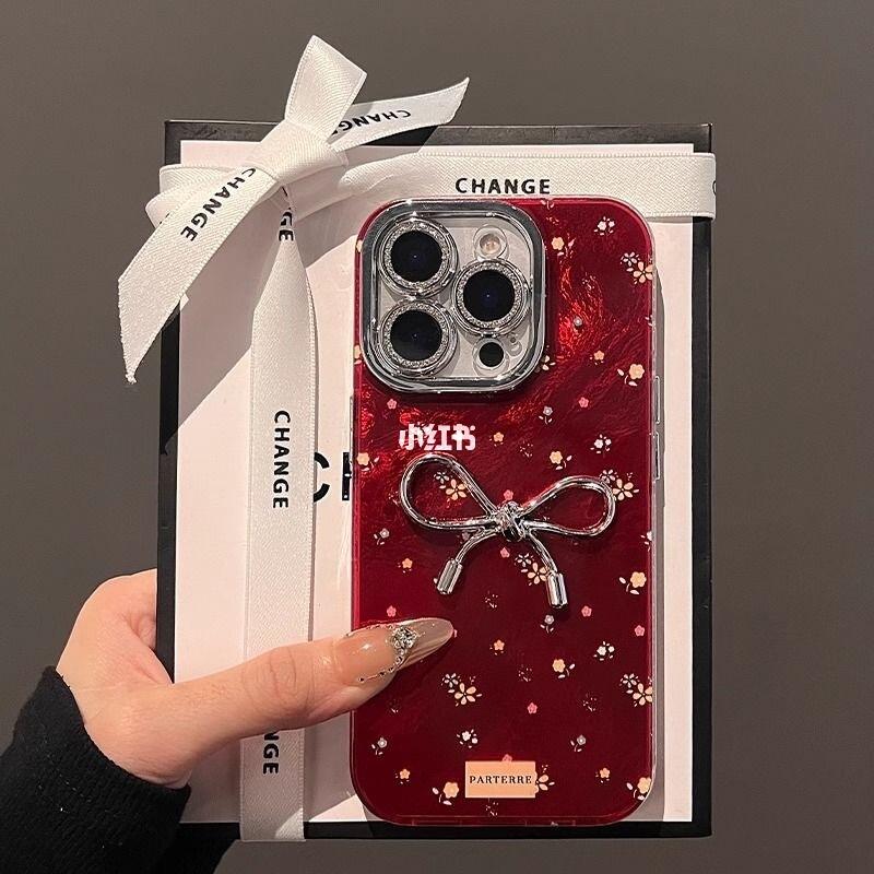 Elegant Cherry Blossom Bow iPhone Case β Deep Red Glossy Finish