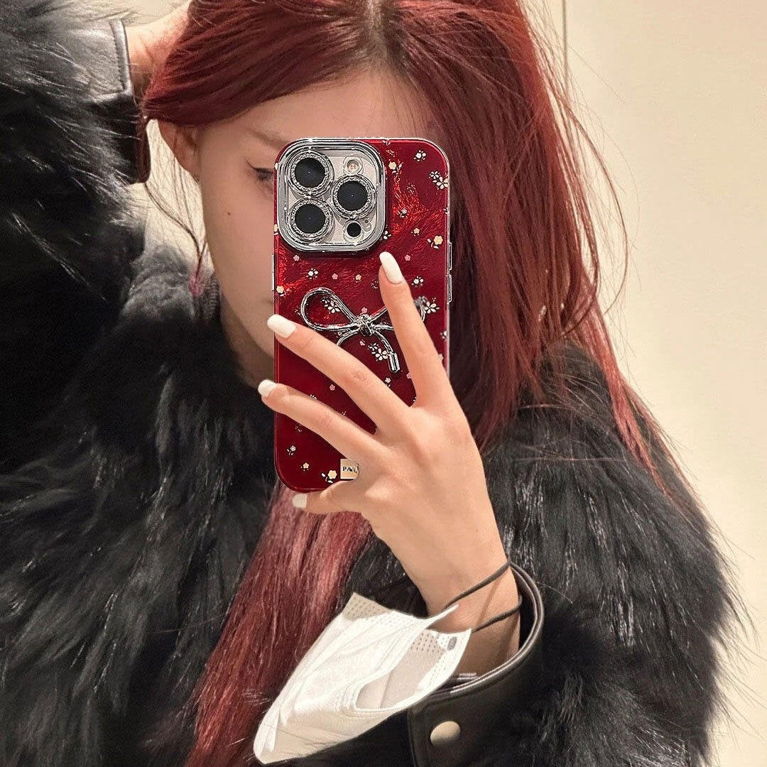 Elegant Cherry Blossom Bow iPhone Case β Deep Red Glossy Finish