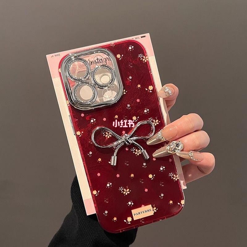 Elegant Cherry Blossom Bow iPhone Case – Deep Red Glossy Finish