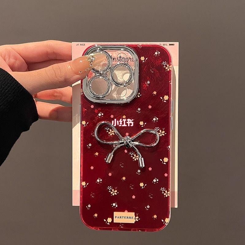 Elegant Cherry Blossom Bow iPhone Case – Deep Red Glossy Finish