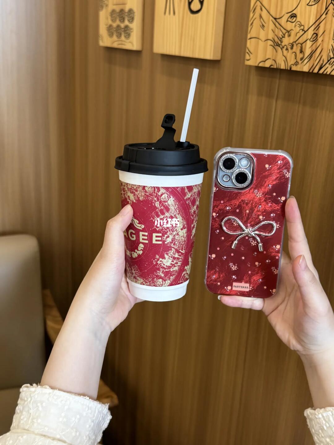 Elegant Cherry Blossom Bow iPhone Case – Deep Red Glossy Finish